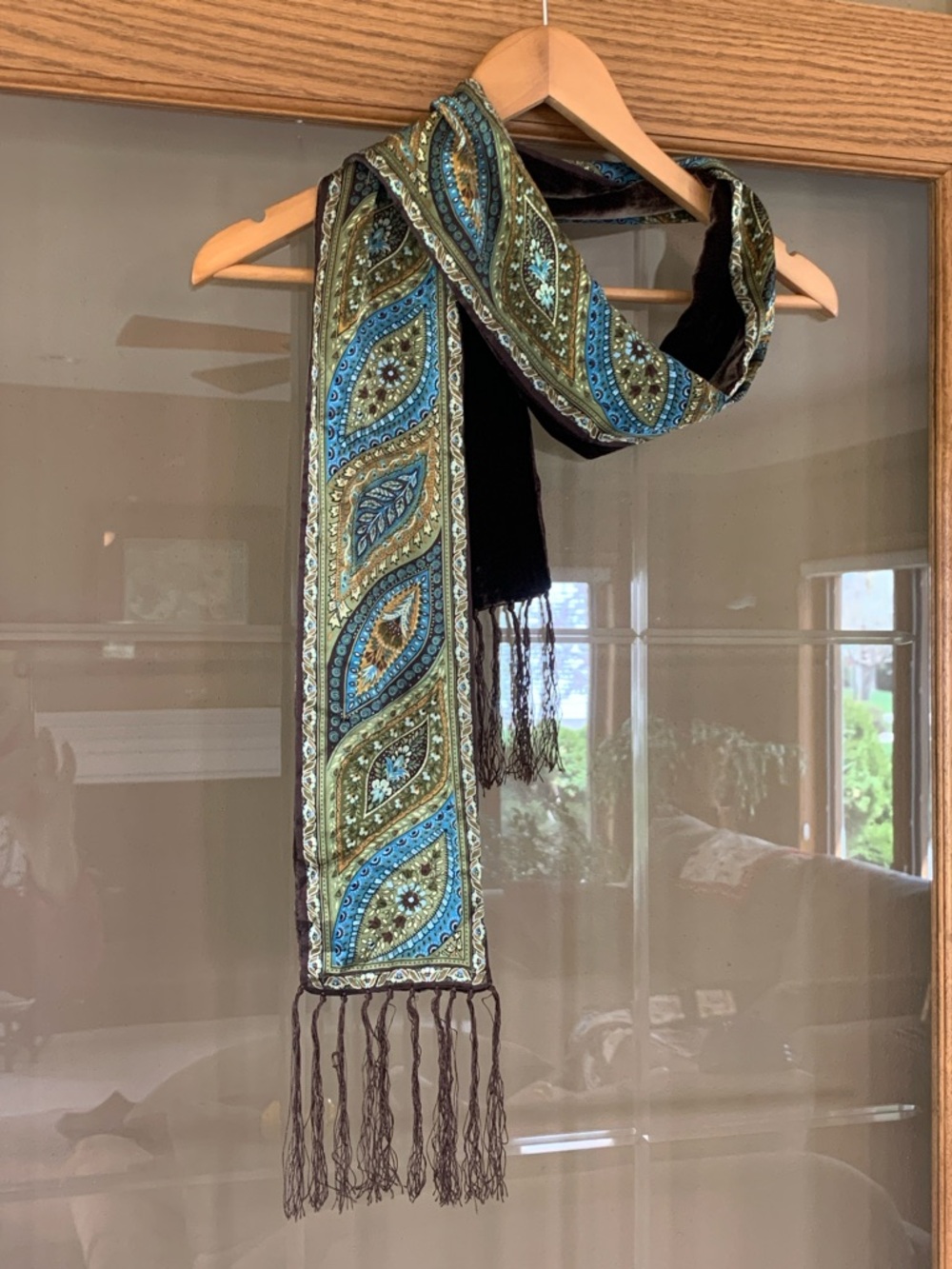 Vintage Silk and Rayon Paisley Fringe Scarf in Blue & Olive